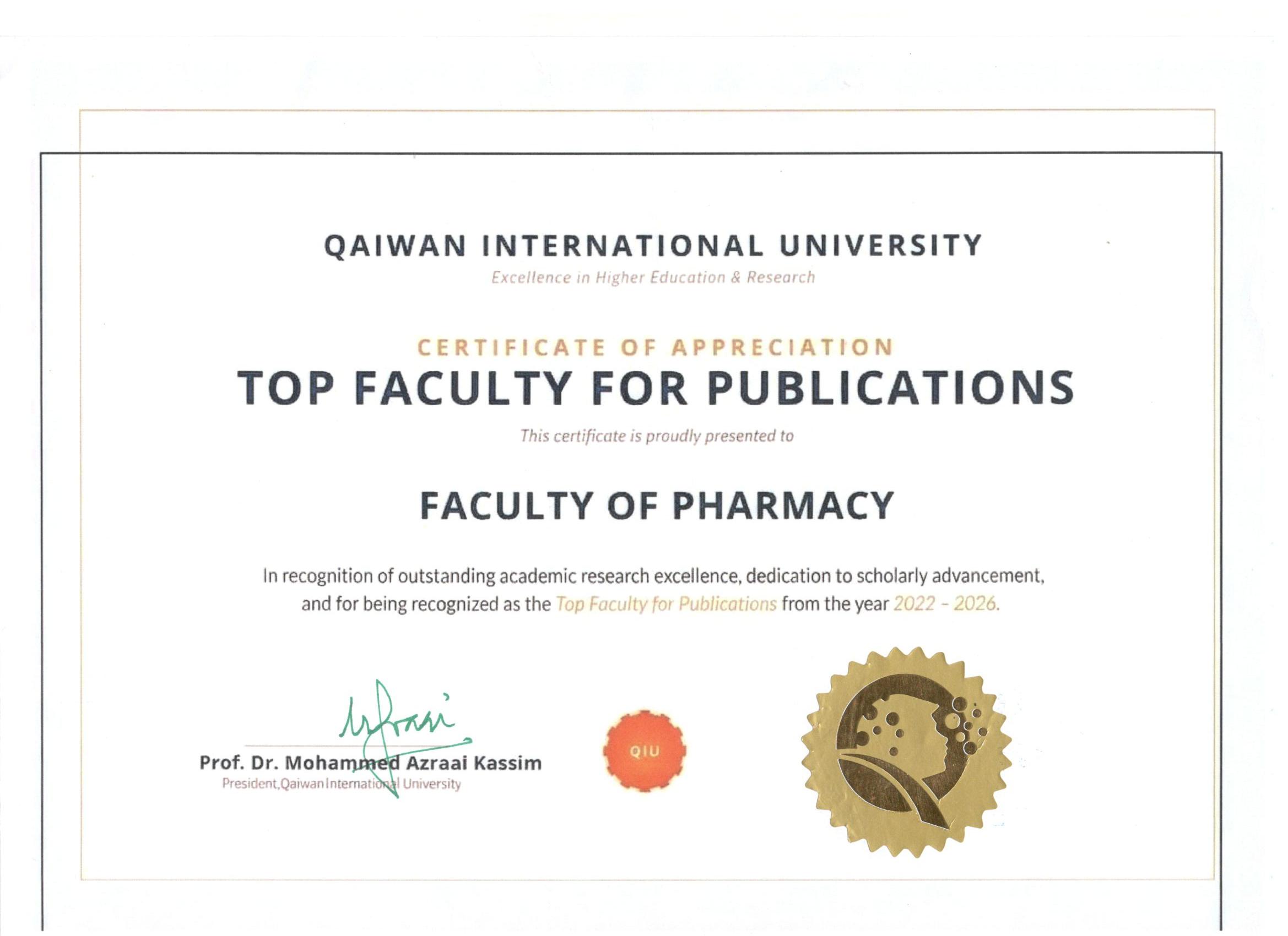 Faculty of Pharmacy Recognized as Top Faculty for Publications at QIU