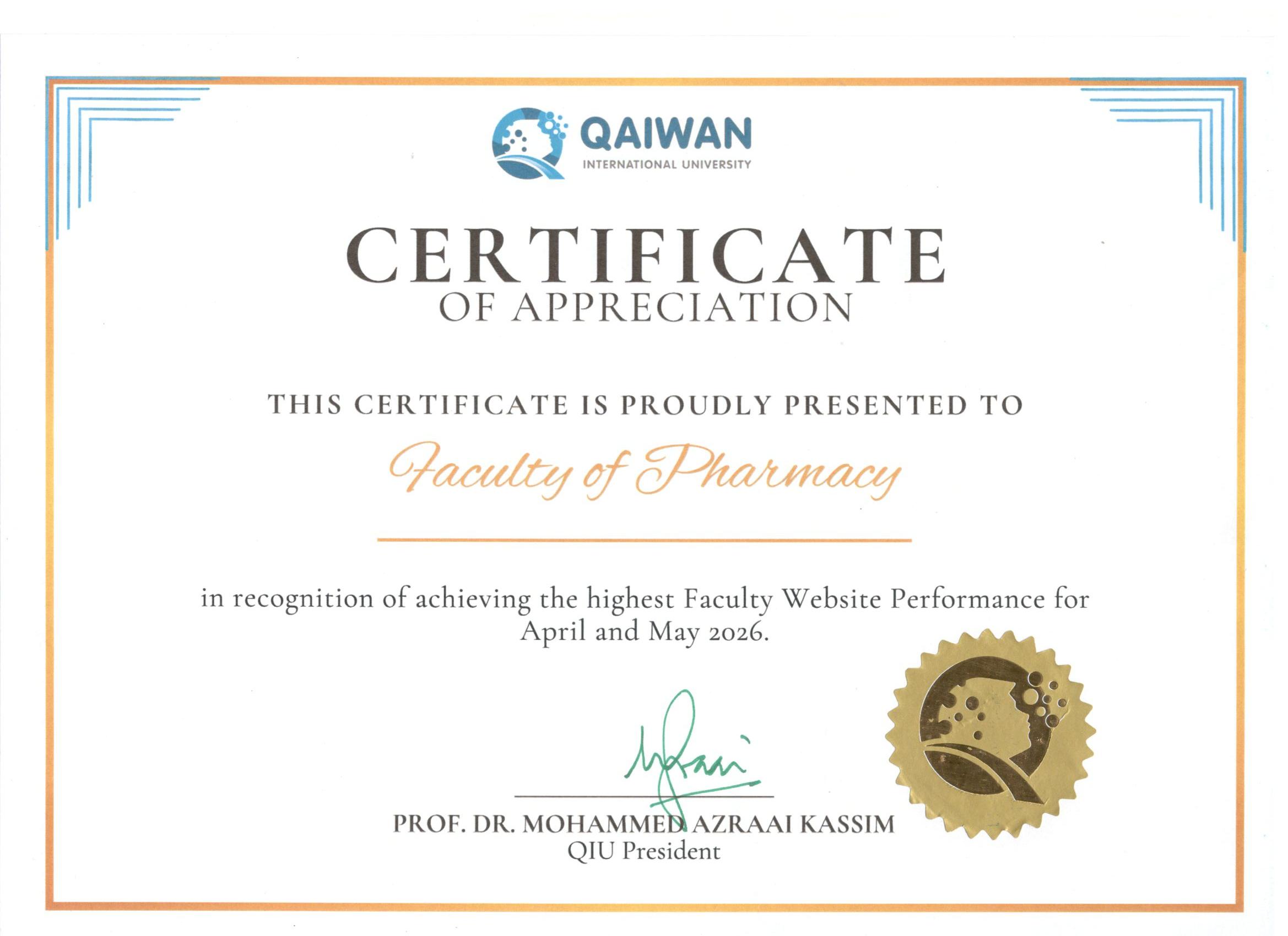 Faculty of Pharmacy Recognized for Highest Website Performance Among QIU Faculties and Departments